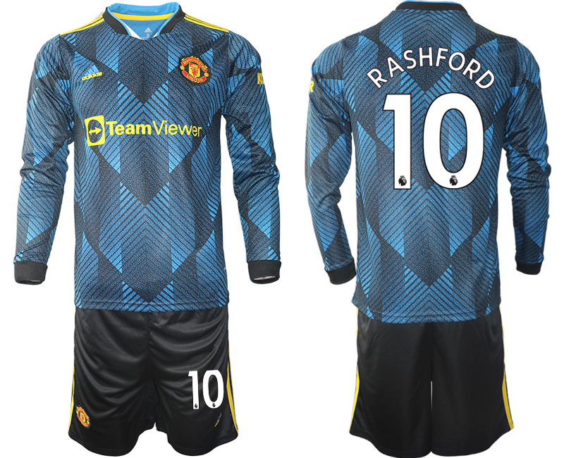 Men 2021-2022 Club Manchester united second away blue Long Sleeve #10 Soccer Jersey